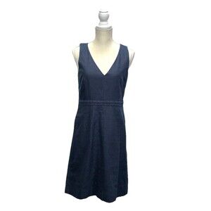 J Crew Cotton Hemp Blend Sheath Pocket Dress Navy Blue Career Side Zip Size 6